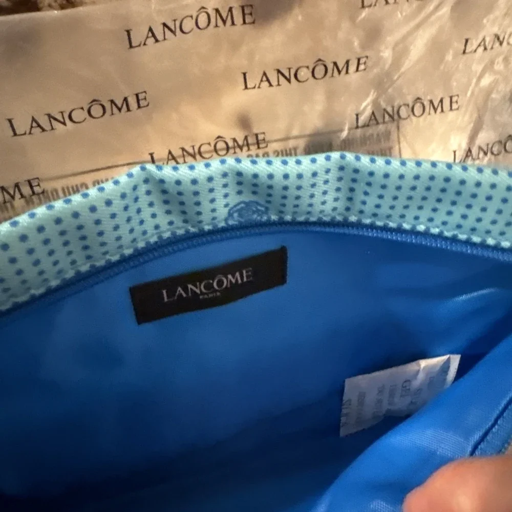Lancome Cosmetic Makeup Bag - Teal with Blue Polka Dot & Flower Design - New